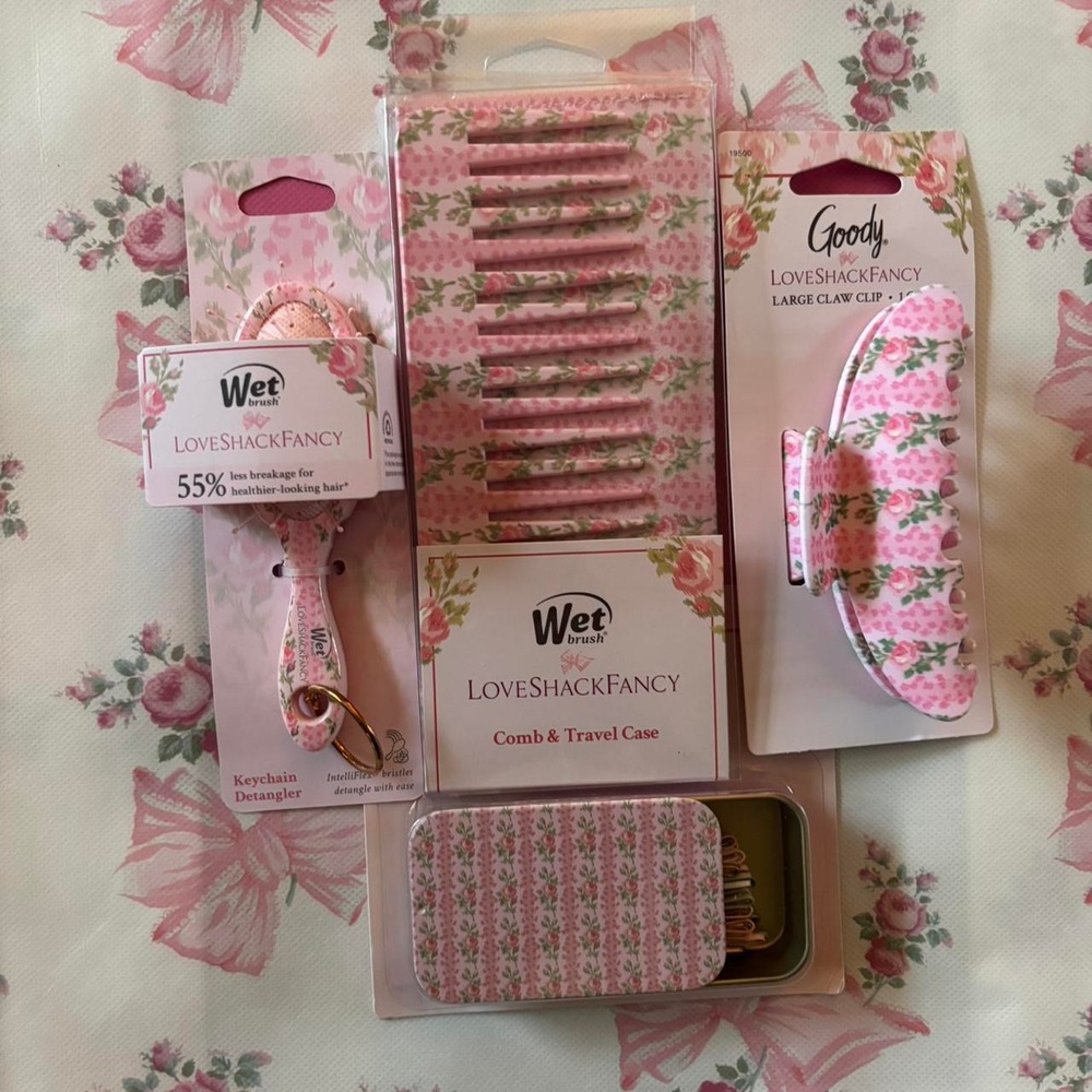 LoveShackFancy pink floral hair accessories bundle: Mini brush keychain Comb